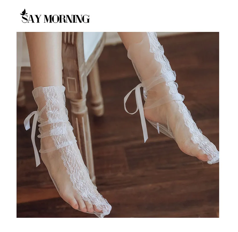 

SAY MORNING Lace Frilly Ruffle Bow Socks Girls High Ankle Tulle Sexy Silk Gauze See-through Sock Female Perspective Bundled Sox