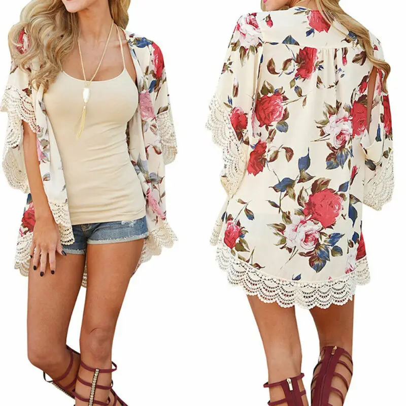

Женская кружевная свободная шаль с цветочным принтом, винтажный кардиган-кимоно, шифоновое пальто, блузка, рубашка, женские куртки