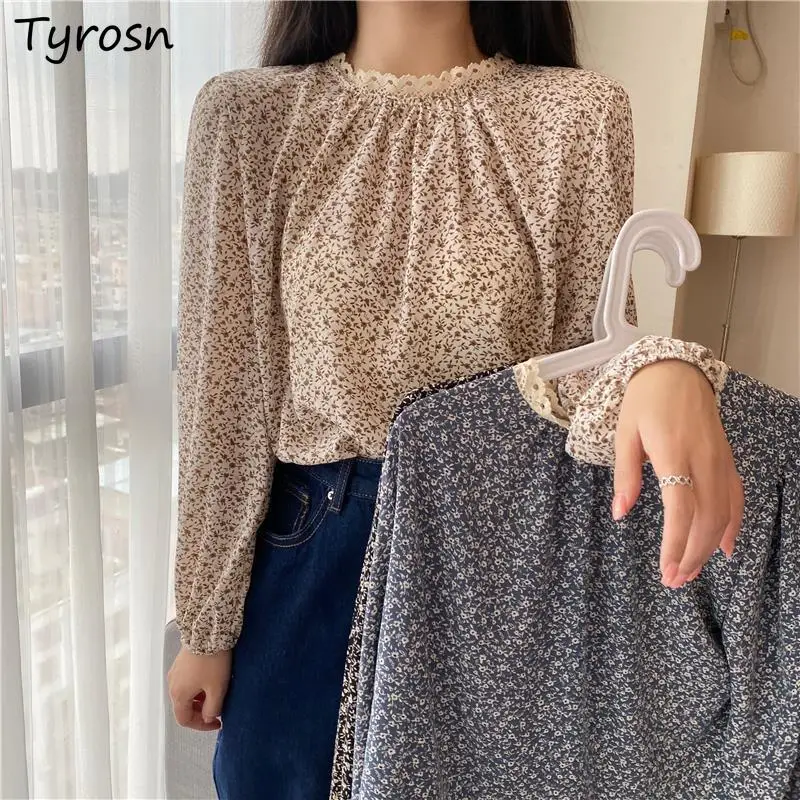 

Floral Blouses Women O-neck Lantern Sleeve Trendy Tender Lace Sweet Elegant Lady All-match Chiffon Cozy Folds Designed Shirts