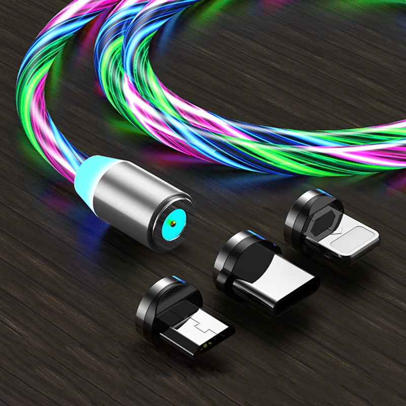 led glow flowing magnetic charger cable luminous lighting fast charging micro usb type c for iphone android phone usbc wire cord free global shipping