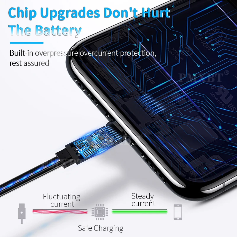 USB кабель для зарядки телефона струящийся свет зарядный шнур провод светодиода