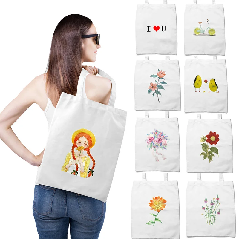 

Женская Холщовая Сумка на плечо, летняя пляжная Экологичная сумочка-тоут с цветочным принтом для девочек, фруктов, маргариток, для продукто...