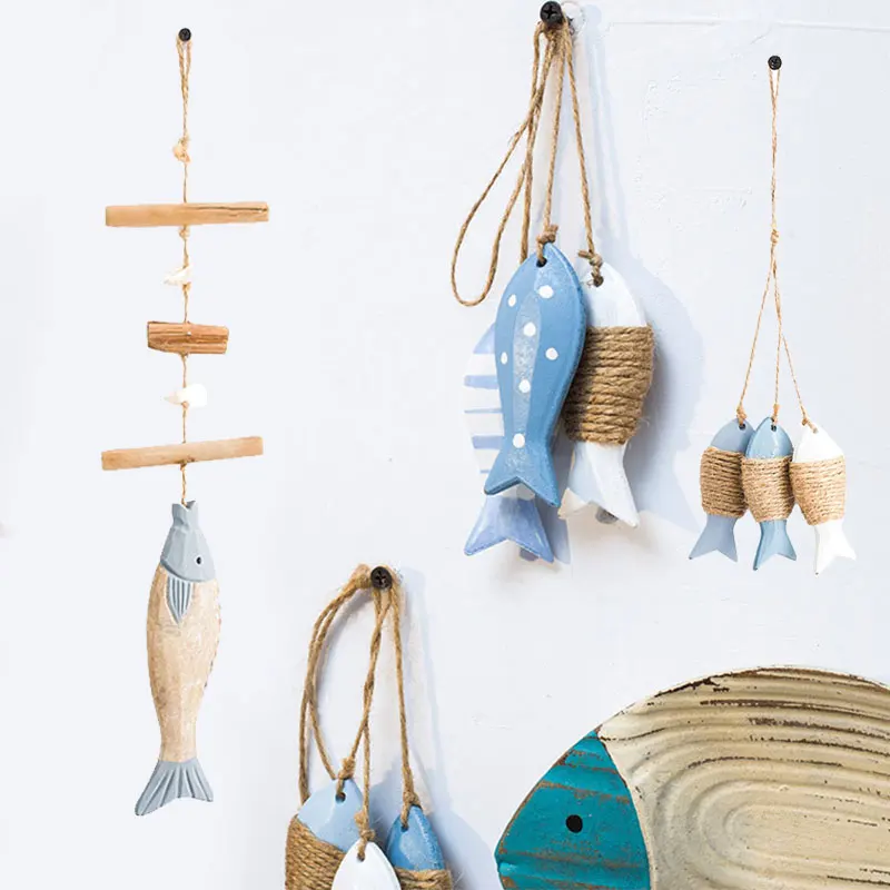 Marine Style Wooden Pendant Fishnet Marine Wall Decoration Fish Sea Crafts Innovative For Home Living Room Kindergarten Decor