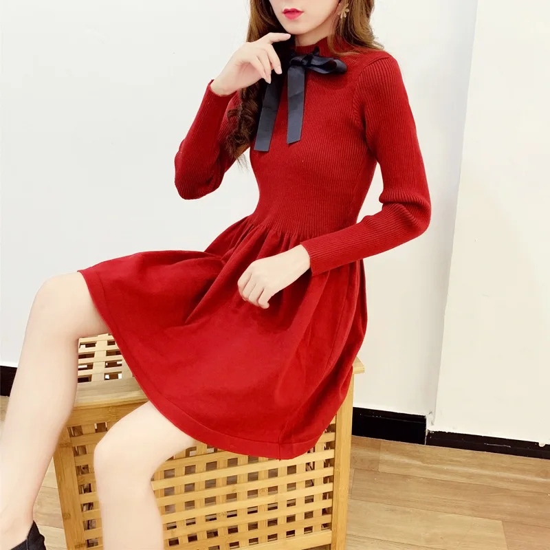 ALPHALMODA осеннее трикотажное платье с длинными рукавами и галстуком-бабочкой, милое женское платье с тонкой талией в консервативном стиле, трикотажное платье