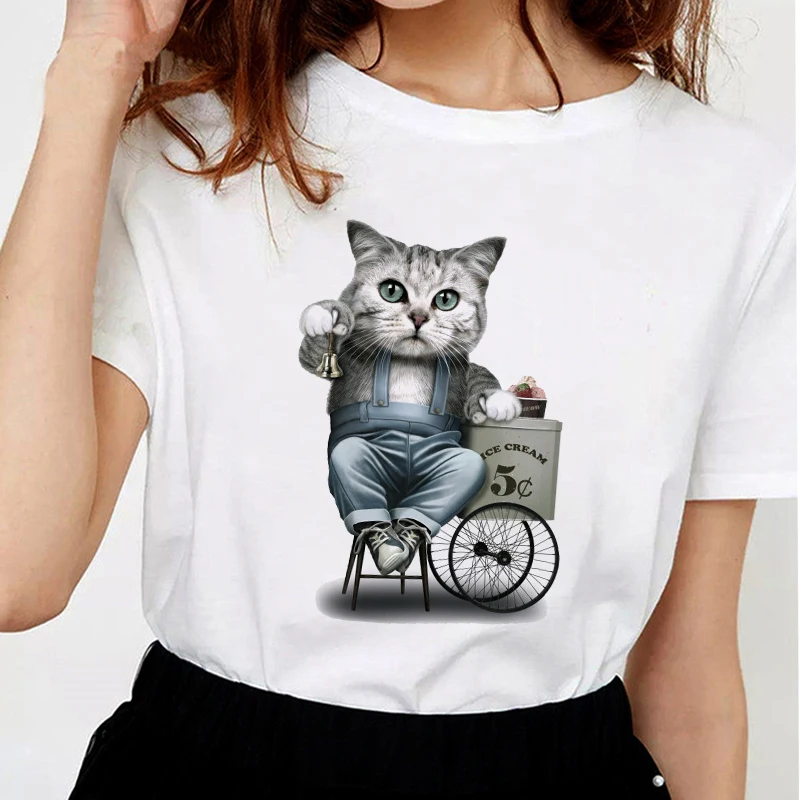 

Funny Ice Cream Seller TShirt Women Humor Printing Cats T-Shirt Soft cotton Harajuku T Shirt White Tops Tees