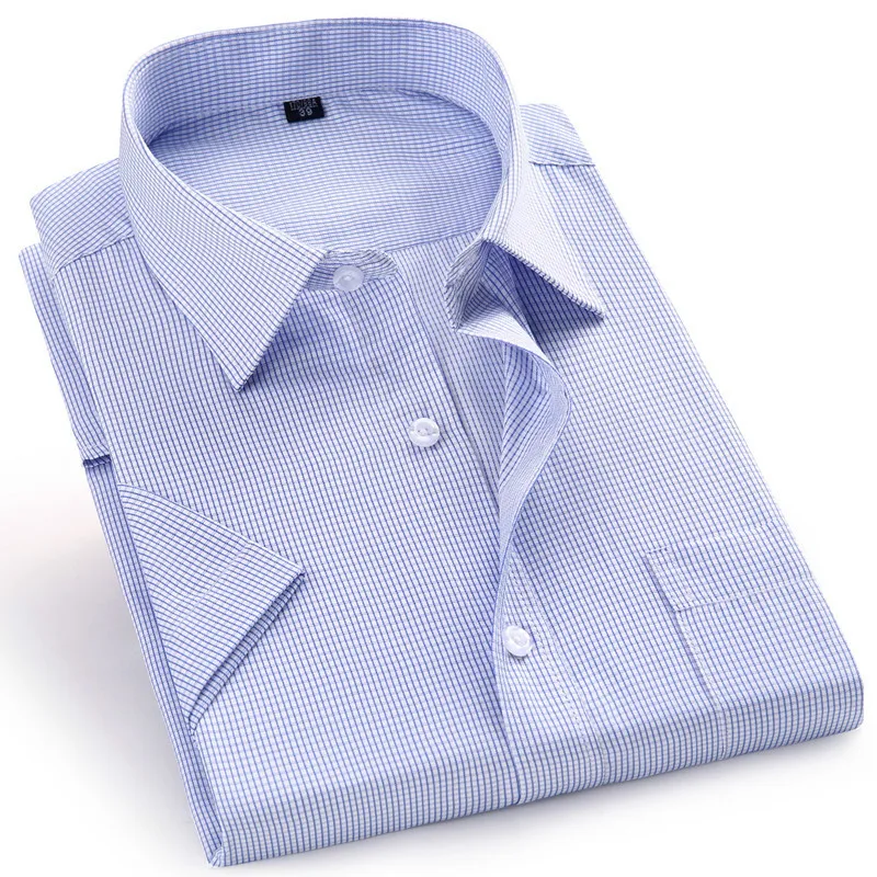 3 Plaid Blue Твил чистый цвет 8XL 7XL 6XL 5XL большой размер Мужская рубашка с коротким рукавом приталенная официальная Мужская белая рубашка деловые мужские рубашки - Цвет: 3 Plaid Blue