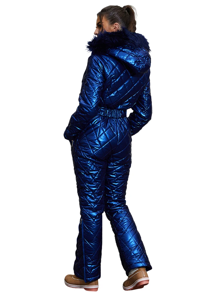 Zip Up Ski Jumpsuit Women Winter Outerwear Fur Hooded Quilted Coat Long Puffer Parka Cotton Padded One Piece Warm Snowboard Suit