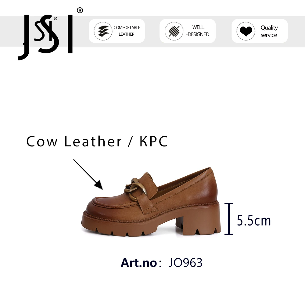 

JSI Pumps Woman Genuien Leather Chain Metal Round Toe Med Chunky Square Heel Office Lady Shoes JO963