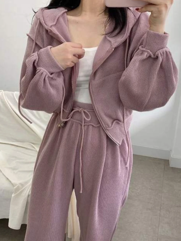 

Women's Spring Autumn Casual Corduroy Tracksuits Hoodies Short Jackets & Wide Leg Pants Two Piece Set Female Fashion Outfits