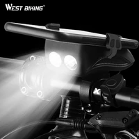 west biking 4 in 1 bicycle light flashlight bike horn alarm bell phone holder power bank bike accessories cycling front light