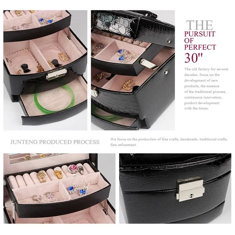 Automatic Leather Jewelry Box Three-layer Storage For Women Earring Ring Cosmetic Organizer Casket Decorations(Black) | Дом и сад