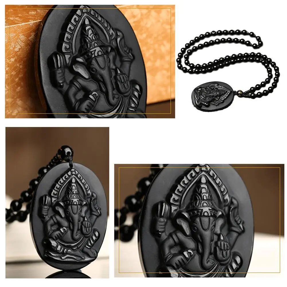 

Ganesha Pendant Black Obsidian Jade Pendant Carved Ganesh Pendants Jewelry Free Fine Lucky Necklace Elephant Crystal Q0P5