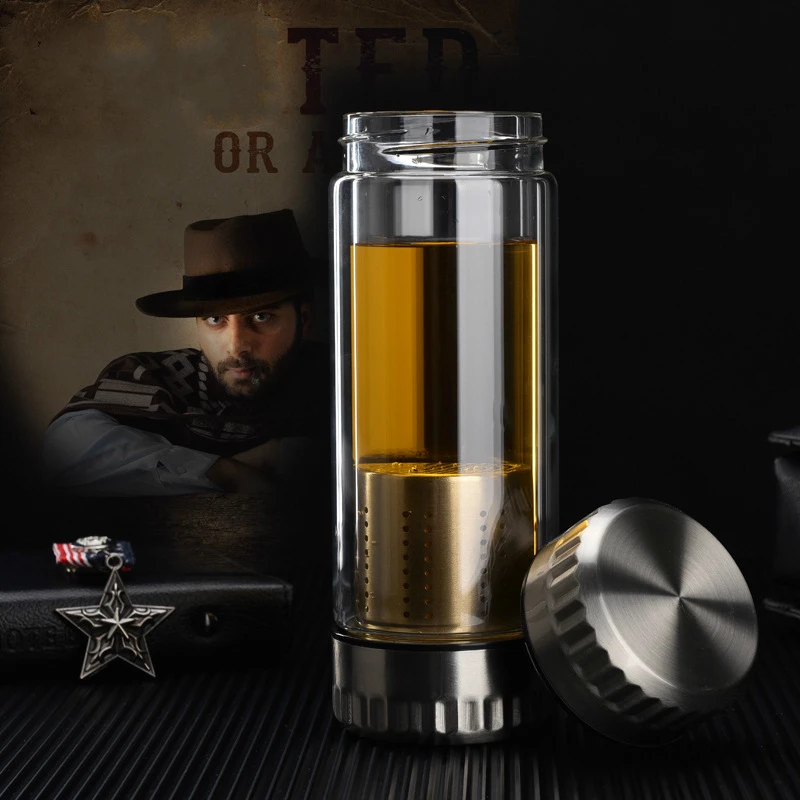 

Heat Insulation Double deck Water Bottle Glass Bottle With Stainless Steel Tea Infuser Filter Double Wall Glass Sport Tumbler