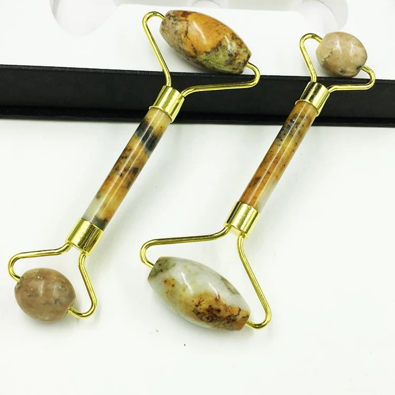 

2 Pcs Facial Jade Roller Massager Neck Relaxation Slimming Tool Jade Roller Massager, Beige-Yellow & Green