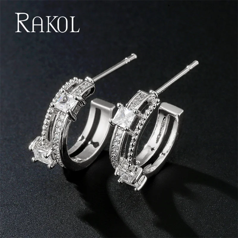 

RAKOL 2021 Double Korean Micro Pave Zircon Hoop Earrings for Women Elegant Circle Boucle D'oreille Oorbellen Sweet Jewelry