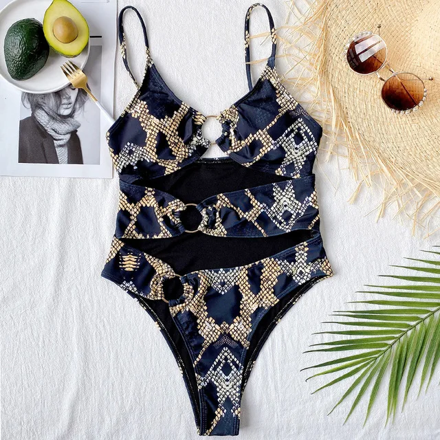 

2021 Sexy snake Printed Tummy Cut Out Monokin One Piece Swimsuit Women Swimwear Female Metel Rings Bather Bathing Suit Swim Lady