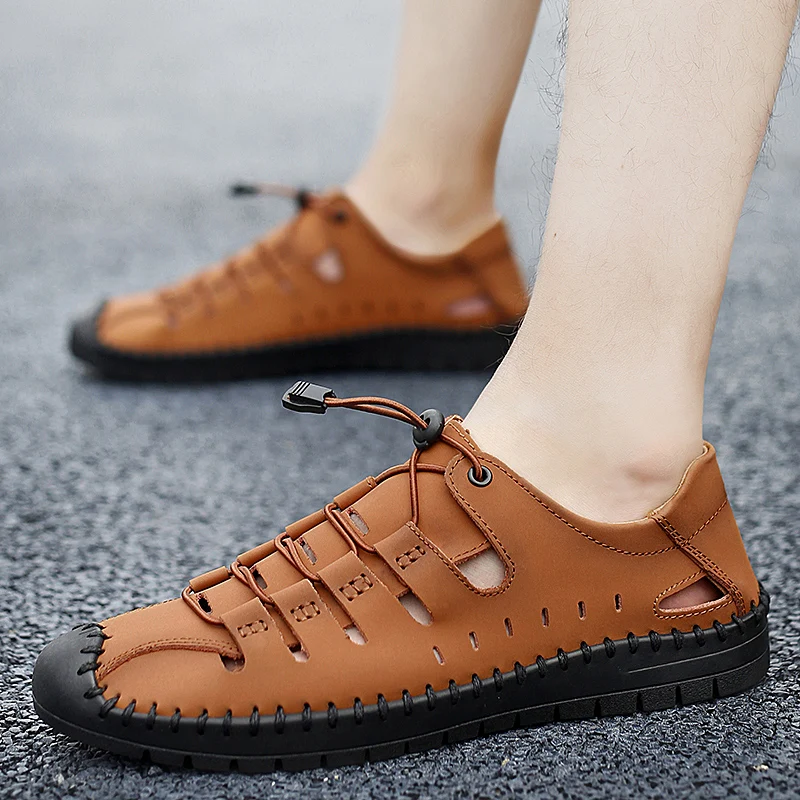 【Leather cowhide】Summer men's sandals beach outdoor leather sandals men's hole shoes soft bottom breathable casual shoes