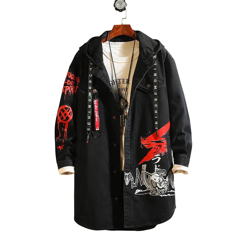 

Brand Design Hooded Mens Demin Jacket Men Hip Hop Cowboy Long Casual Trench With Cap Turn Down Collar Streatwear Coat