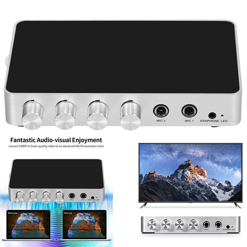 

Цифровой усилитель звука караоке микшер 4K/2K HDMI с двойным микрофоном
