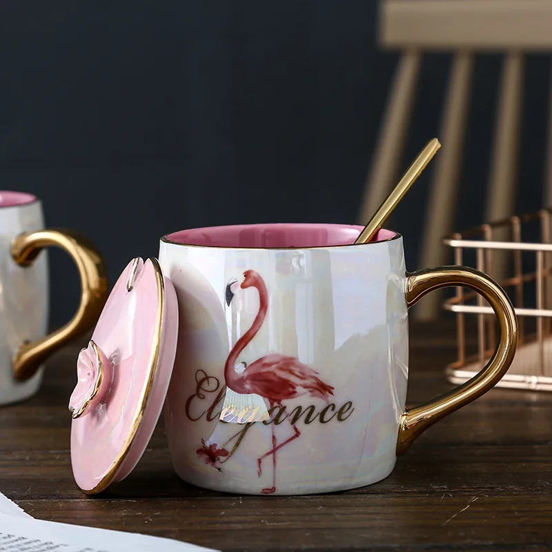 Simple Ins Flamingo Colorful Pearlescent Ceramic Mug with Lid and Spoon Pearl Glaze Female Milk Coffee Cup | Дом и сад
