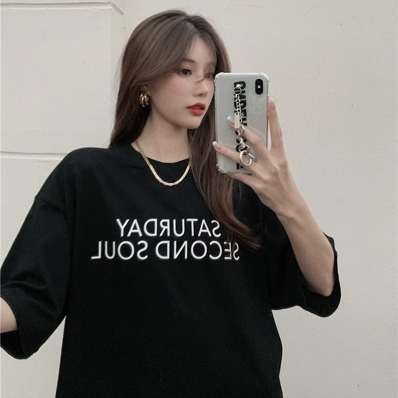 

T-shirt New Summer Loose Print Mid-length Blouse Female Korean Round Neck Black Short-sleeved T-shirt