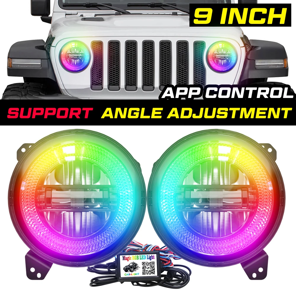 

For Jeep Wrangler JL Sport Rubicon Sahara 2018-2020 2019 9 Inch RGB Halo Led Round Headlights LED Headlamp With DRL H/L Beam
