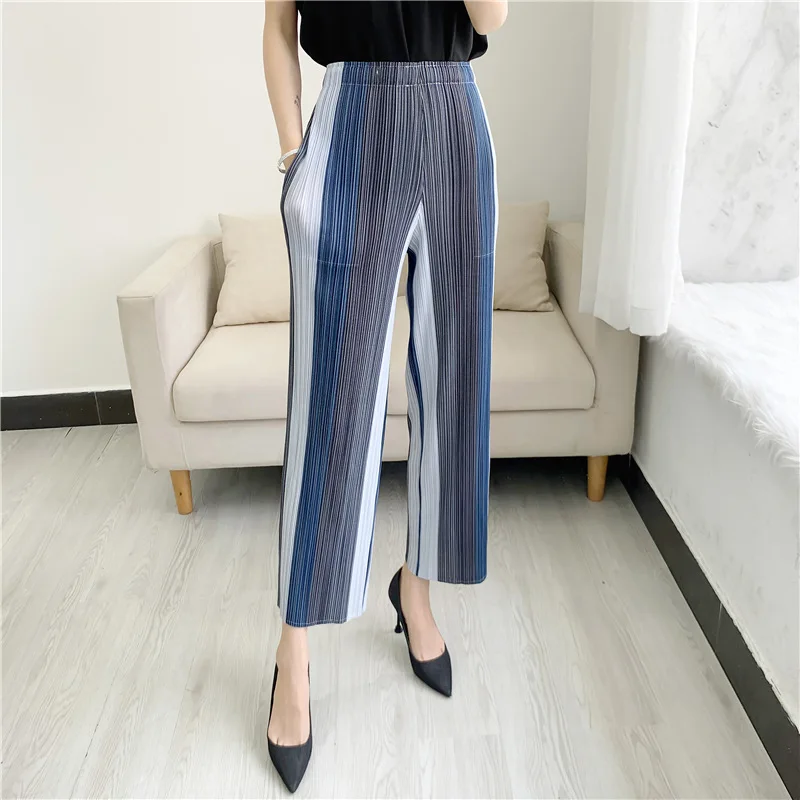 HOT SELLING  miyake fold  of the fashion stripe loose straight pants IN STOCK