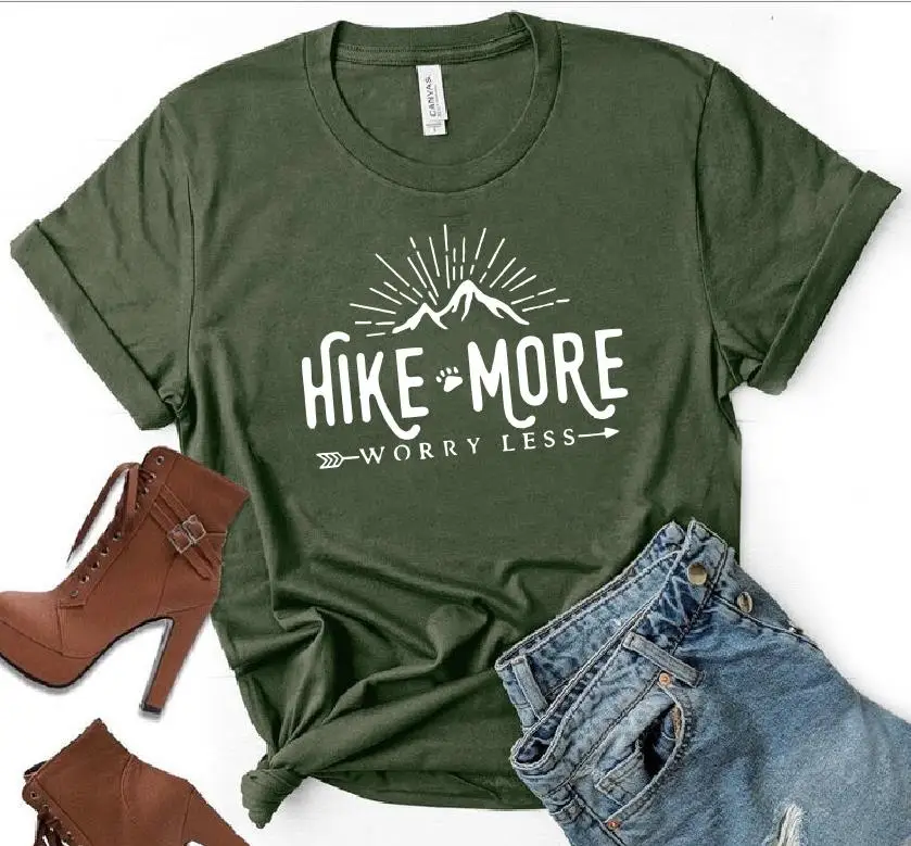 Hike More Worry Less футболка на открытом воздухе Wanderlust Футболка женская Стрела Приключения Кемпинг природа Топ Футболка короткий рукав женские топы