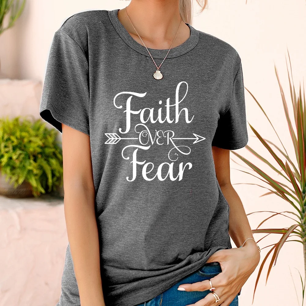 

Lady Faith Over Fear Letter Print T-shirt Colored Cotten Crew Neck Trend Clothing European Style Short Sleeve Women Tees Regular