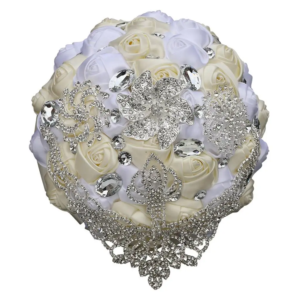 

JaneVini Luxury Crown Diamond Wedding Bouquets Bling Crystal Bridal Hand Flowers Handmade Satin Roses Wedding Brooch Accessories