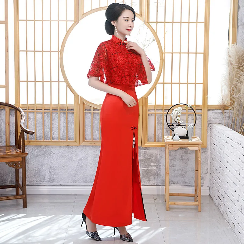 

Retro Embroidery Lady Cheongsam Dress Lace Cape Shawl Traditional Chinese Dresses Skirt Sexy Split Satin Gown S-5XL Vestidos