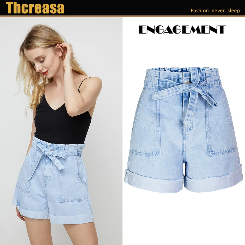 

DenimENGAGEMENT 2021 Trafaluc Za Solid color wide-leg denim shorts women elastic waist loose hem high waist pantalones cortos