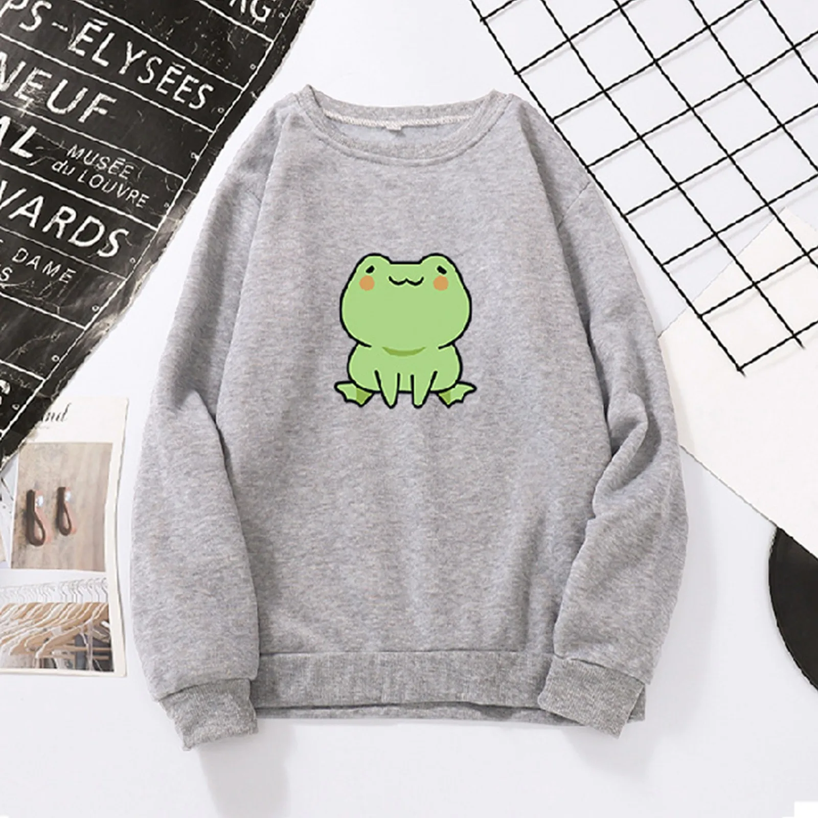 2021 Autumn Woman's Hoodies Oversize Female Loose Long Sleeve Frogs Print Casual Round Neck Fashion Sweatshirts Lady #T2P