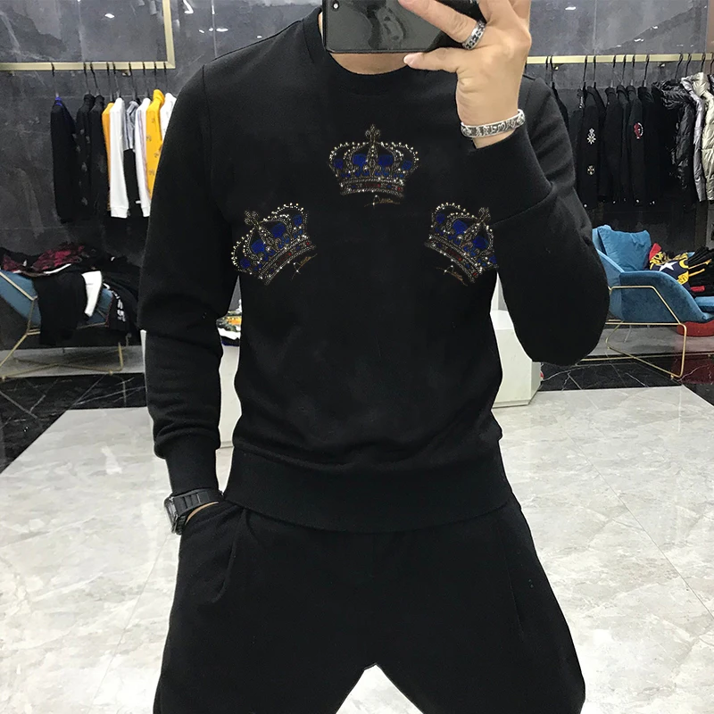 

Winter Men's Hoody High Quality Warm Pullover All-Match Hot Diamond Youth Rock Oversized Hoodie Retro Tops