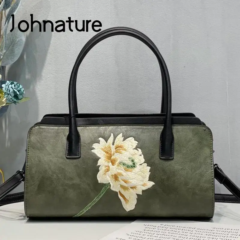 Johnature Exquisite Embroidery Women Leather Bag Retro Chinese Style Cheongsam Handbag Versatile Floral Ladies Shoulder Bags