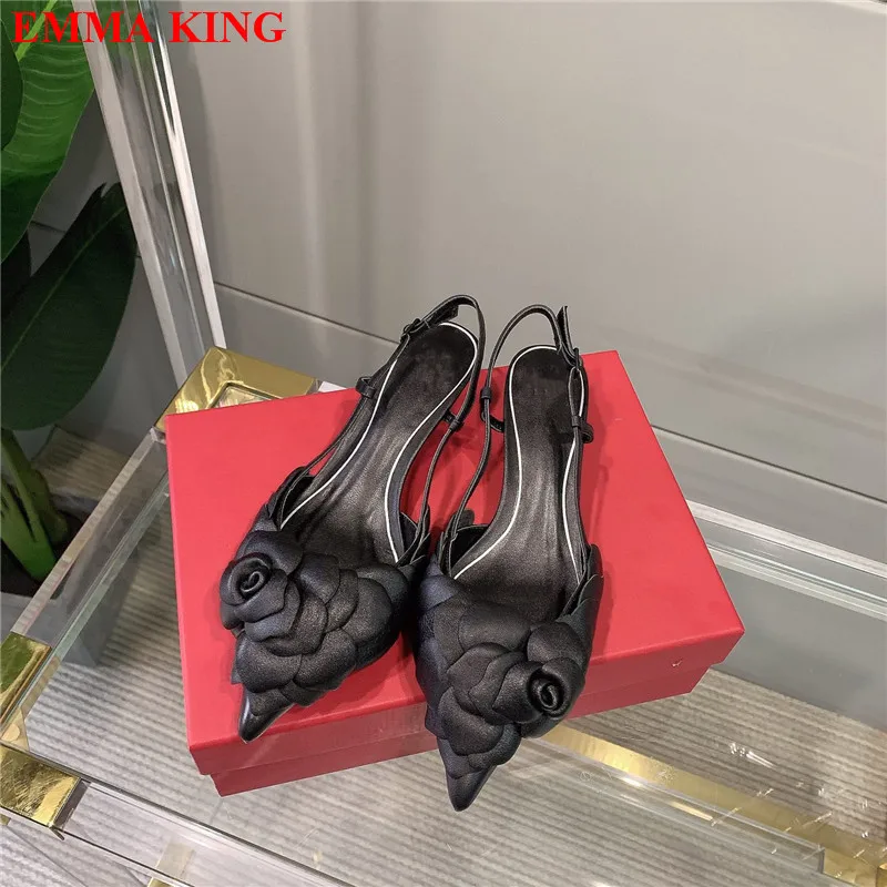 

Fashion Women Kitten Heels Flowers Party Sandals Genuine Leather Pointed Toe Slingback Pumps Ladies Shallow Wedding Shoes Woman