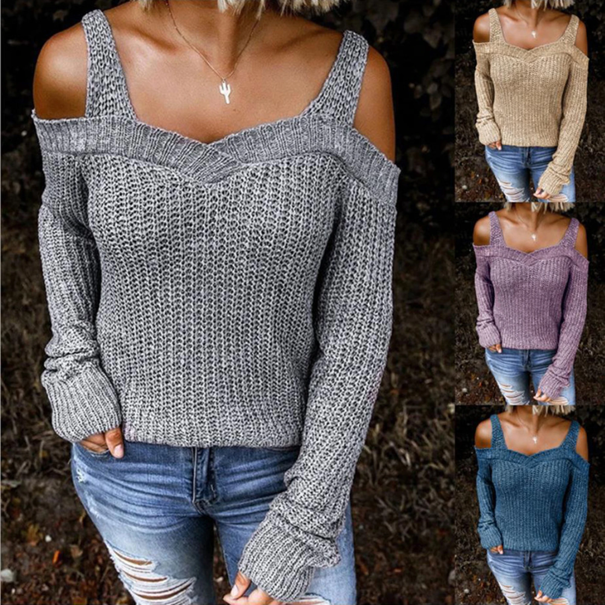 

Women Knitted Sweater Sexy Strapless Long Sleeve Ladies Pullover Fashion Casual Off Shoulder Pullovers Solid Color Female Tops