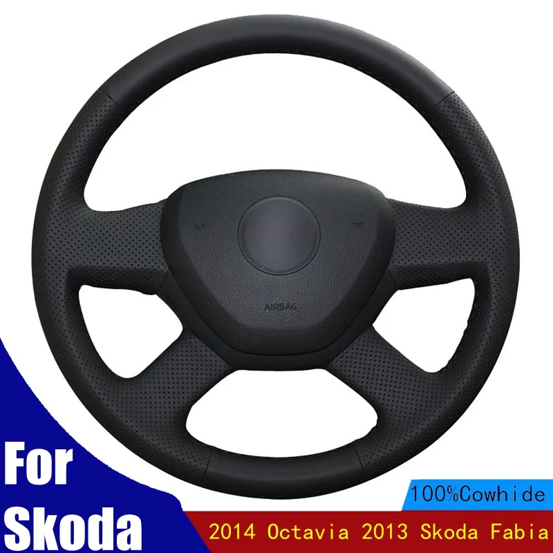 

DIY Car Steering Wheel Cover Non-slip Black Genuine Leather For Skoda 2014 Octavia 2013 Skoda Fabia Braid Four Seasons