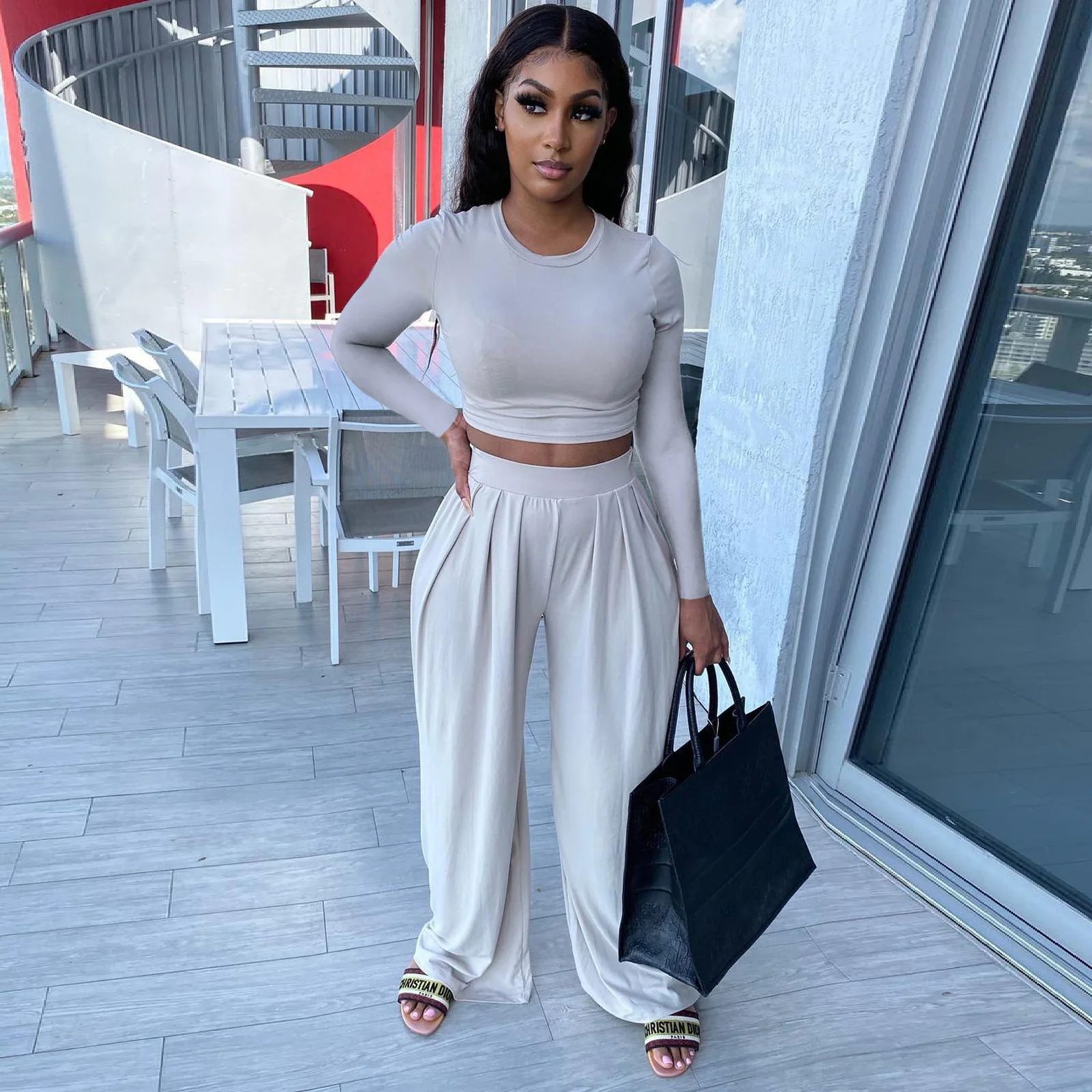 

SUJYing Women's Fashion Leisure Sports Wide Leg Pants Solid Color Autumn And Winter New Two-piece Set