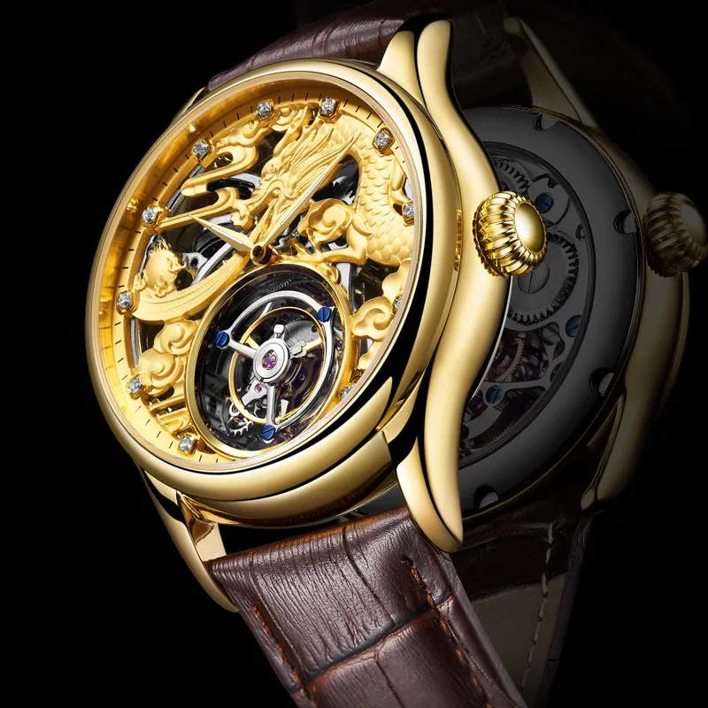 Новый 2020 100% механический турбийон мужские часы полые тиснением Дракон Мужские