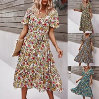 womens dresses women fashion casual floral printing short sleeve v neck loose party dress fashion 2021