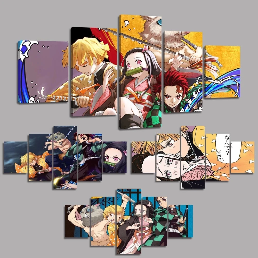 Настенное искусство 5 шт. плакат Zenitsu X Nezuko с демоном аниме персонажи принты картина домашний декор комната модульная без рамки Картина на холсте