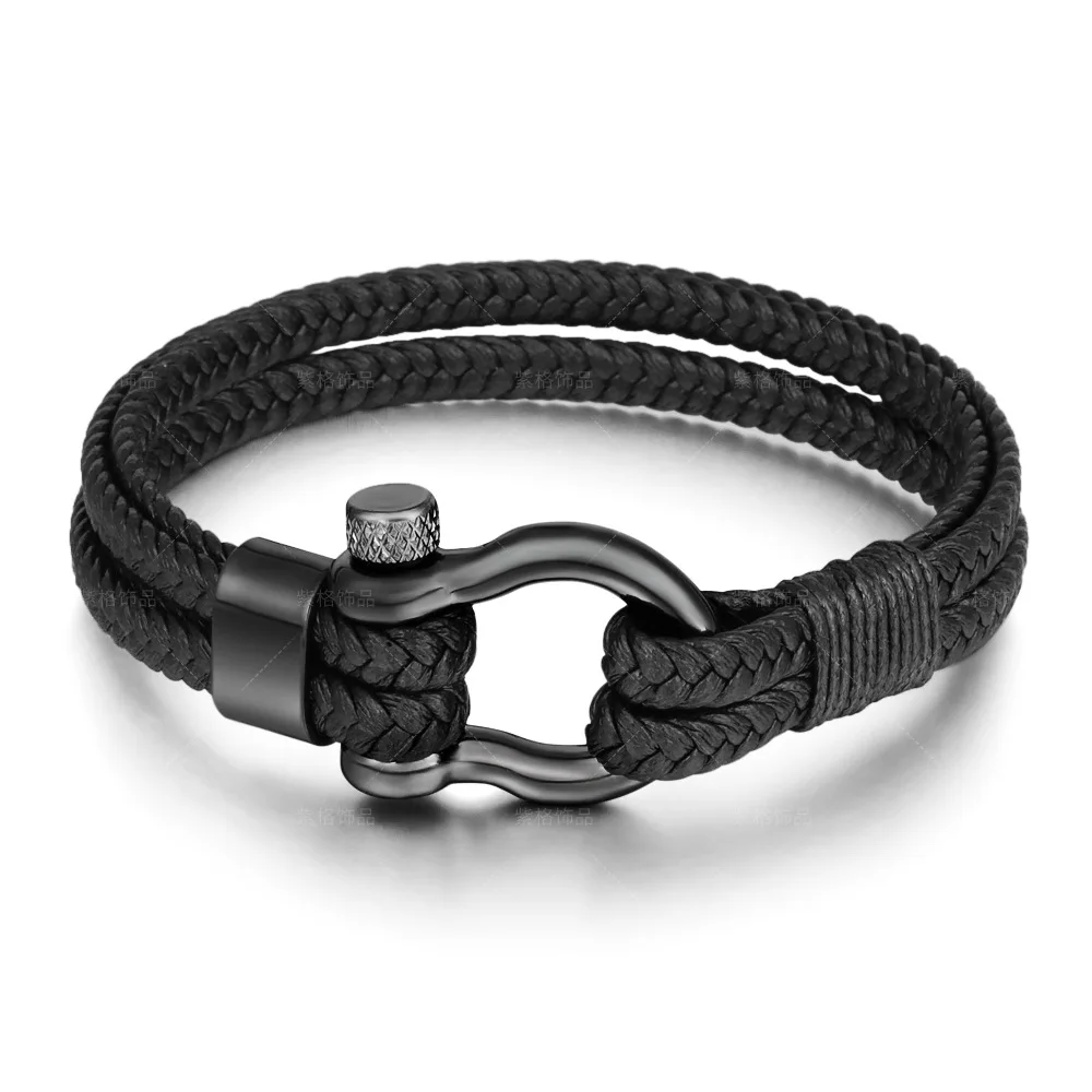 

European And American Popular Leather Rope Woven Horseshoe Buckle Stainless Steel Bracelet Men's Accessories Titanium Retr