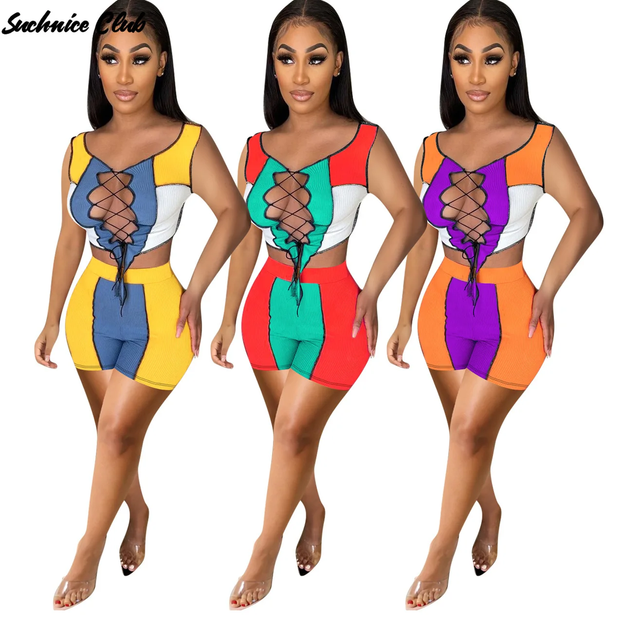 

Summer Sports Suit Bandage Rib Stitching Sports Casual V-Neck Sleeveless Top Shorts Two-piece Suit
