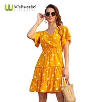 wishworldv collar chiffon daisy french floral waist dress 2021 summer new wave dot print sundress womens party club dress