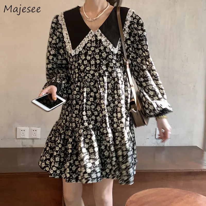 

Платье Вечерние ское вечернее цветочное с длинным рукавом, винтажное цельнокроеное модное с воротником Питер Пэн и оборками в Корейском ст...