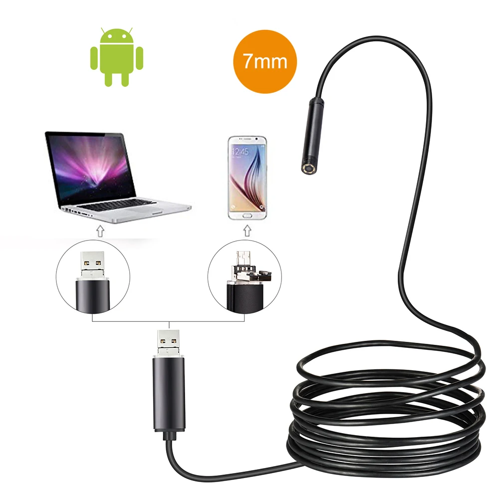 Android Endocop 2 в 1 м 10 HD USB камера 7 мм IP67 водонепроницаемая Schlange 720P Мобильный эндоскоп |