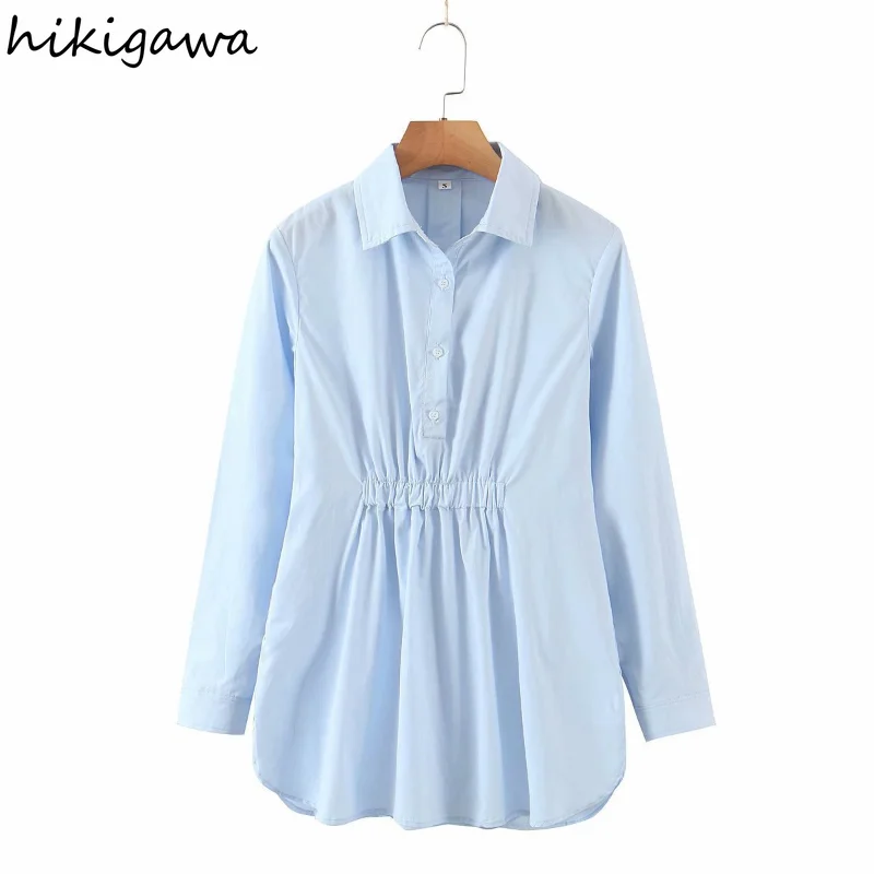 

Hikigawa Shirts Fashion Long Sleeve Turn Down Collar Elastic Pleated Blouses Solid High Waist Slim Elegant Blusas Top Female