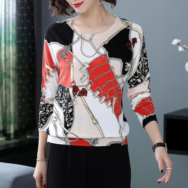 Sweater Tops Pullover Women O-neck Loose Autumn High Quality Female Color Printed Knitted Elegant Jumper Sueter | Женская одежда