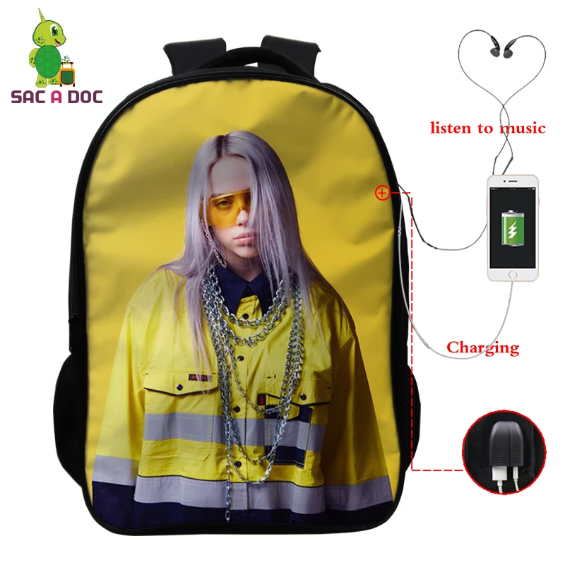 Темно-серый Billie Eilish рюкзак, школьные сумки, 16 дюймов, Детские рюкзаки, детский рюкзак для девочек, рюкзак для путешествий, рюкзак с USB зарядкой - Цвет: Темно-серый